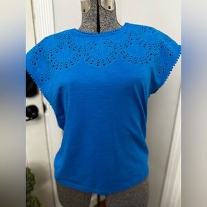 Women’s Boden Anya Broderie Blue Eyelet Detail Short Sleeve Knit Top Size 6